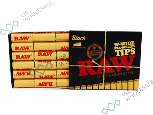 RAW Black W-Wide Pre-Rolled Tips - Pack of 18 - Display of 20 Packs - VIR Wholesale