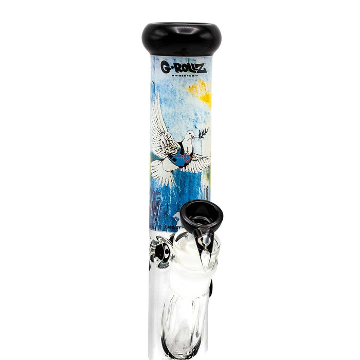 G-Rollz Banksy’s Graffiti Bulletproof Dove Straight Bong White 35cm Ø50mm SG29.2mm – Ice Catcher & Chillum