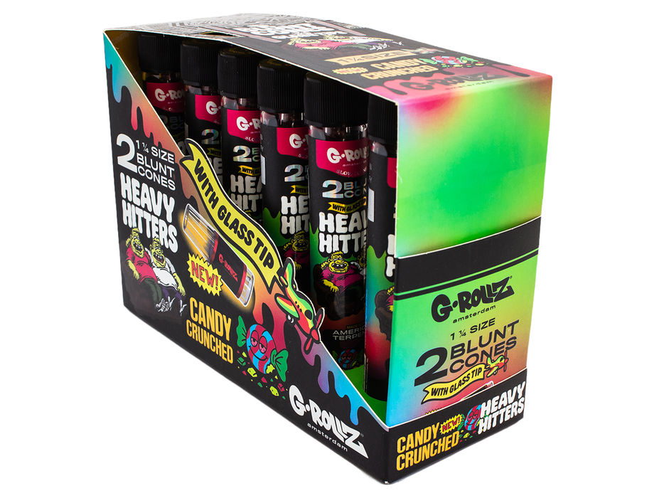 G-ROLLZ - Heavy Hitters - Terpene Blunt Cones with Glass Tip - 12 Glass Tubes Per Box - 2 Cones Per Tube - Candy Crunched - 1 ¼