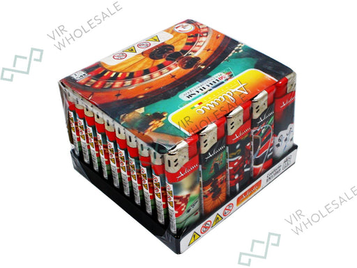 Adamo Electronic Lighters, Pinted Designs 50 Per Box - Casino - VIR Wholesale