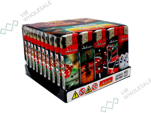 Adamo Electronic Lighters, Pinted Designs 50 Per Box - Casino - VIR Wholesale