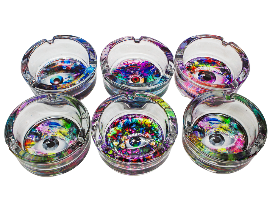 6 x Eye Design Glass Ashtrays – Full Box