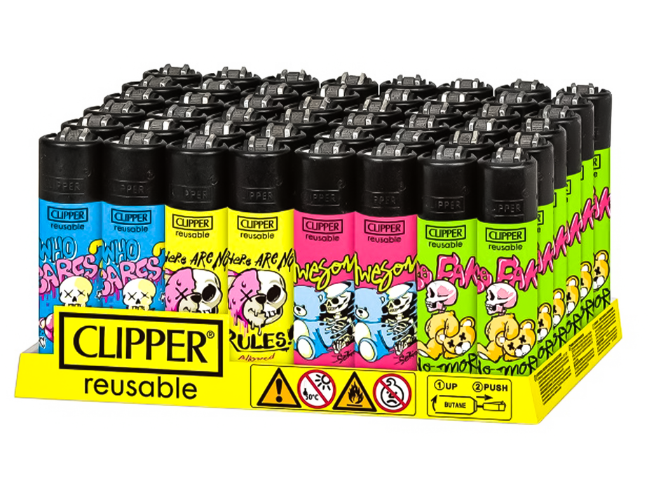 CLIPPER Lighters Printed 48’s Various Designs – Bear Skulls - VIR Wholesale