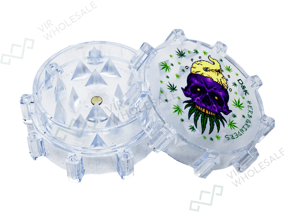 D&K 3 - Part Plastic Clear Grinders - Assorted Designs - 24 Per Box (SM3024) - VIR Wholesale