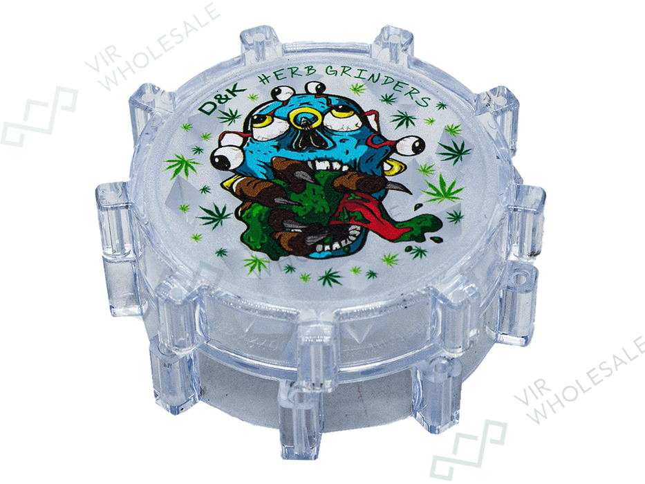 D&K 3 - Part Plastic Clear Grinders - Assorted Designs - 24 Per Box (SM3024) - VIR Wholesale