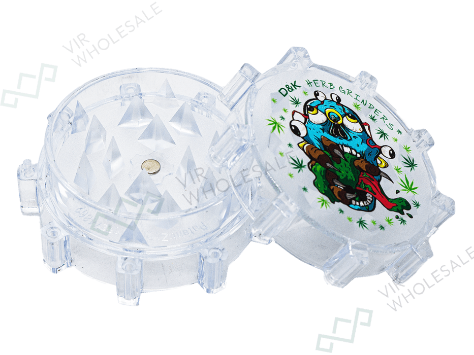 D&K 3 - Part Plastic Clear Grinders - Assorted Designs - 24 Per Box (SM3024) - VIR Wholesale