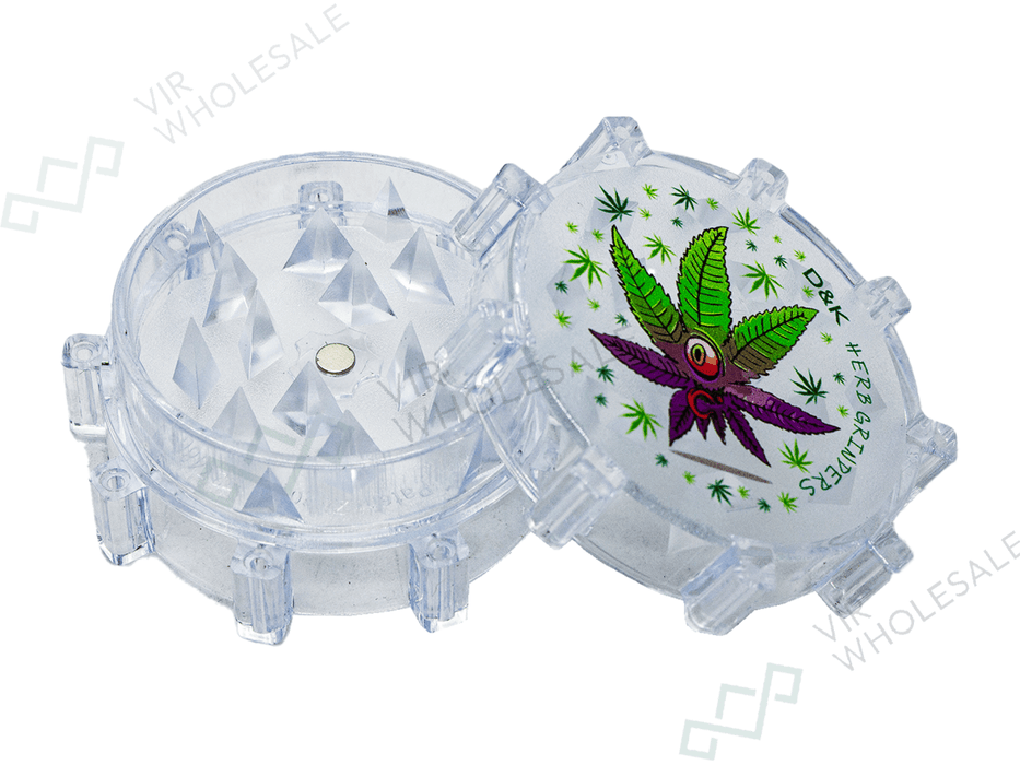 D&K 3 - Part Plastic Clear Grinders - Assorted Designs - 24 Per Box (SM3024) - VIR Wholesale