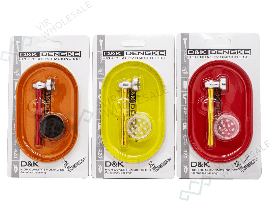 D&K Smoking Set – Mini Tray, Pipe & Grinder (Assorted Colours, 12 per Box) (SM3138) - VIR Wholesale