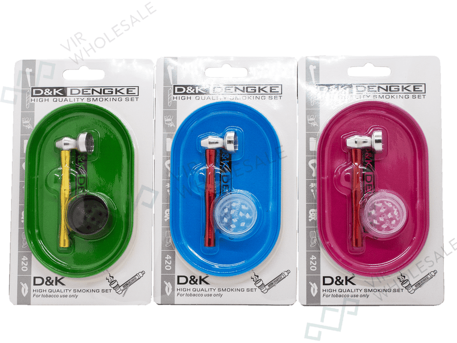 D&K Smoking Set – Mini Tray, Pipe & Grinder (Assorted Colours, 12 per Box) (SM3138) - VIR Wholesale