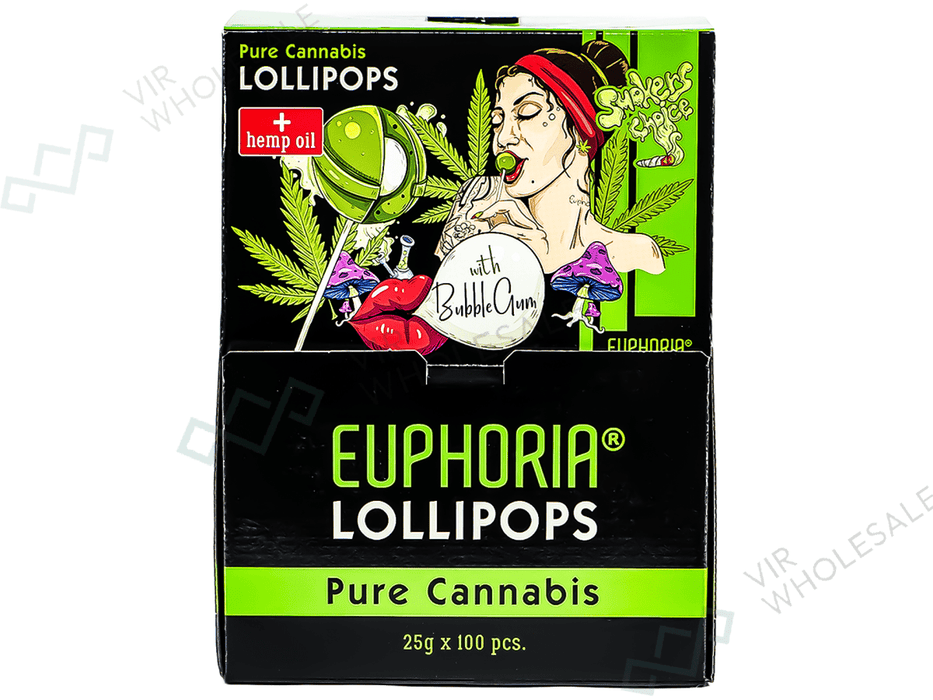 Euphoria Canna Lollipops With Bubble Gum - 100 Per Box - Pure Canna Flavour - (THC Free) - VIR Wholesale