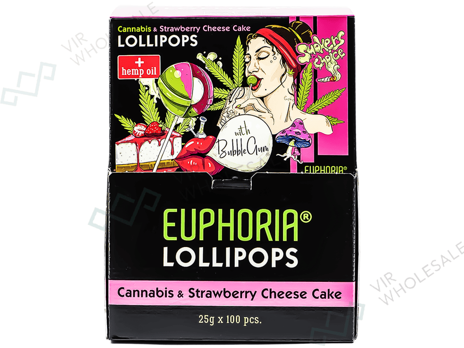 Euphoria Canna Lollipops With Bubble Gum - 100 Per Box - Strawberry Cheesecake Flavour - (THC Free) - VIR Wholesale