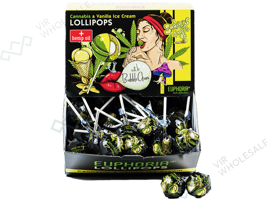 Euphoria Canna Lollipops With Bubble Gum - 100 Per Box - Vanilla Ice Cream Flavour - (THC Free) - VIR Wholesale