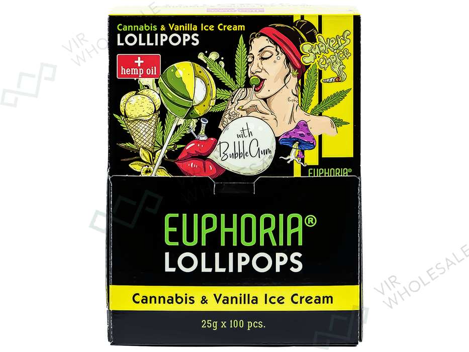 Euphoria Canna Lollipops With Bubble Gum - 100 Per Box - Vanilla Ice Cream Flavour - (THC Free) - VIR Wholesale