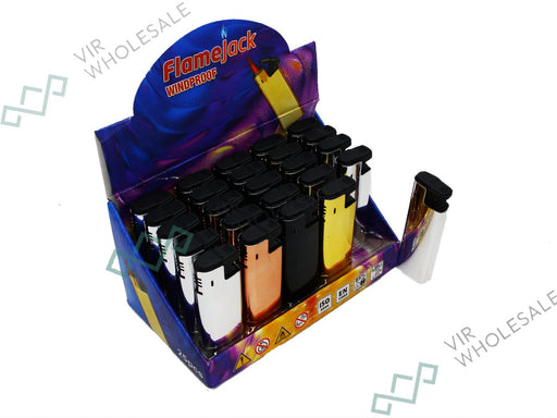 Flamejack Colourful Windproof Dustproof Jet Lighters (Really Powerful) Gold & Silver Metal Design 25 Pack - VIR Wholesale