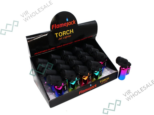 Flamejack Jet Flame Torch Pipe Lighter Gas Refillable - 5 Assorted Designs 20 Per Pack - VIR Wholesale