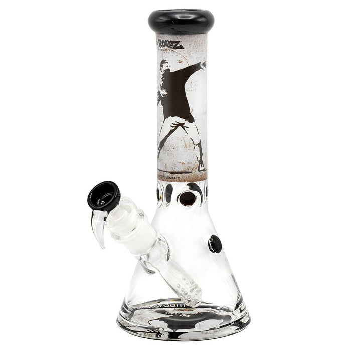 G-Rollz Banksy’s Graffiti Flower Thrower Beaker Bong White 29cm Ø40mm SG18.8mm – Spiral Percolator Ice Catcher - VIR Wholesale