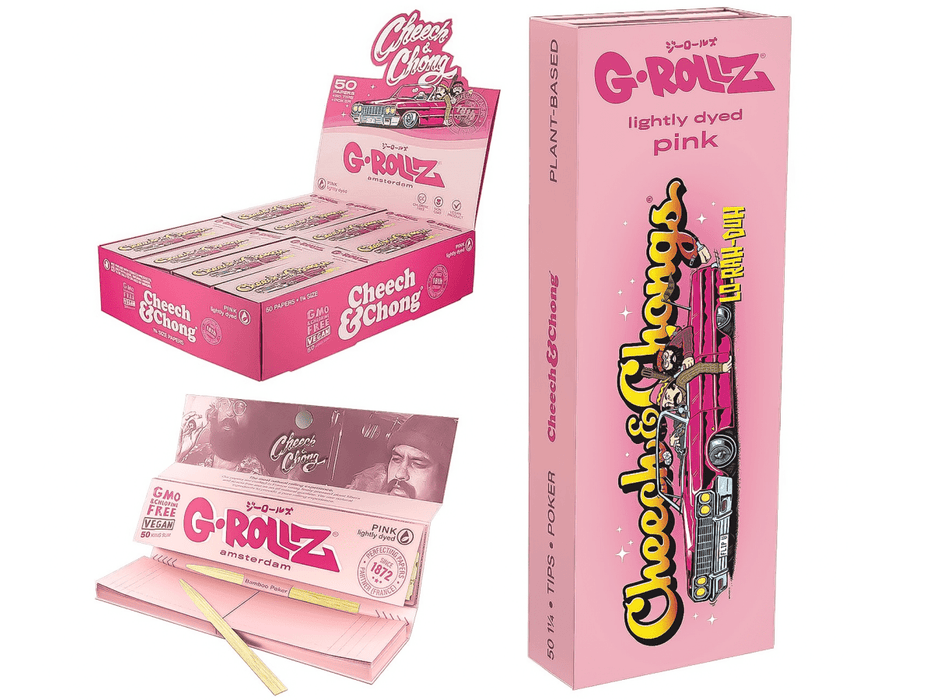 G - Rollz Cheech & Chong™ “Lowrider” Pink 1¼ Papers + Tips – Full Display Box - VIR Wholesale