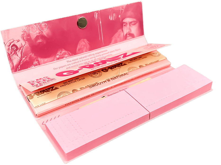 G - Rollz Cheech & Chong™ “Lowrider” Pink King Size Slim Papers + Tips – Full Display Box - VIR Wholesale