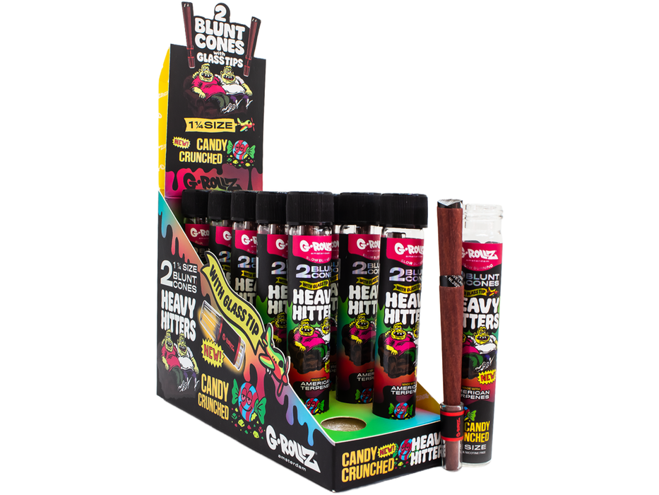 G-ROLLZ - Heavy Hitters - Terpene Blunt Cones with Glass Tip - 12 Glass Tubes Per Box - 2 Cones Per Tube - Candy Crunched - 1 ¼ - VIR Wholesale