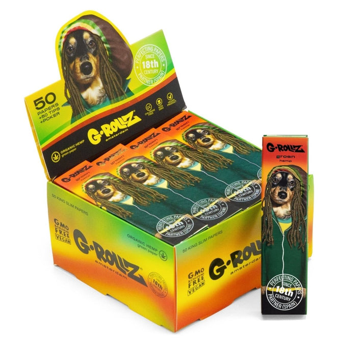 G-Rollz | 'Reggae' 50 King Size Green Papers + Tips (20 Booklets Display) - VIR Wholesale