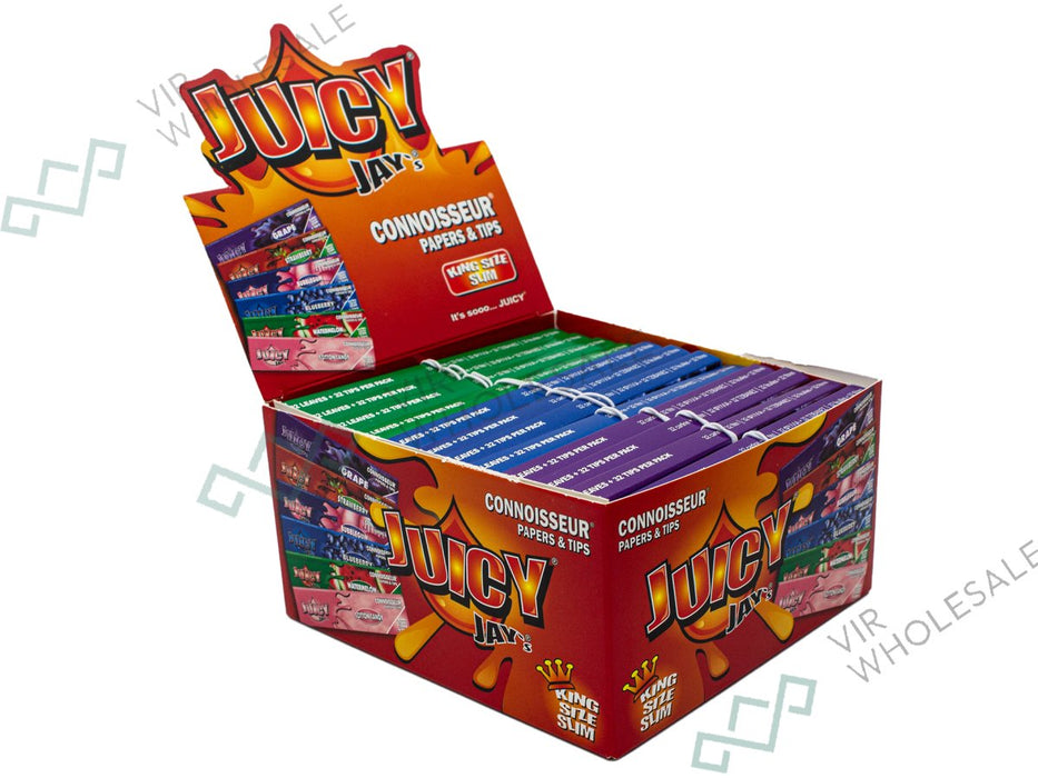 JUICY JAYS King Size Slim Rolling Paper Connoisseur Mixed Box + Tips - VIR Wholesale