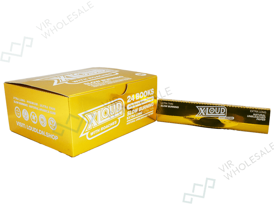 LOUD LDN | XLOUD Slow Burning Ultra Thin Extra Long Natural Rolling Paper & Tips | GOLD EDITION | 24 Packs Per Box - VIR Wholesale
