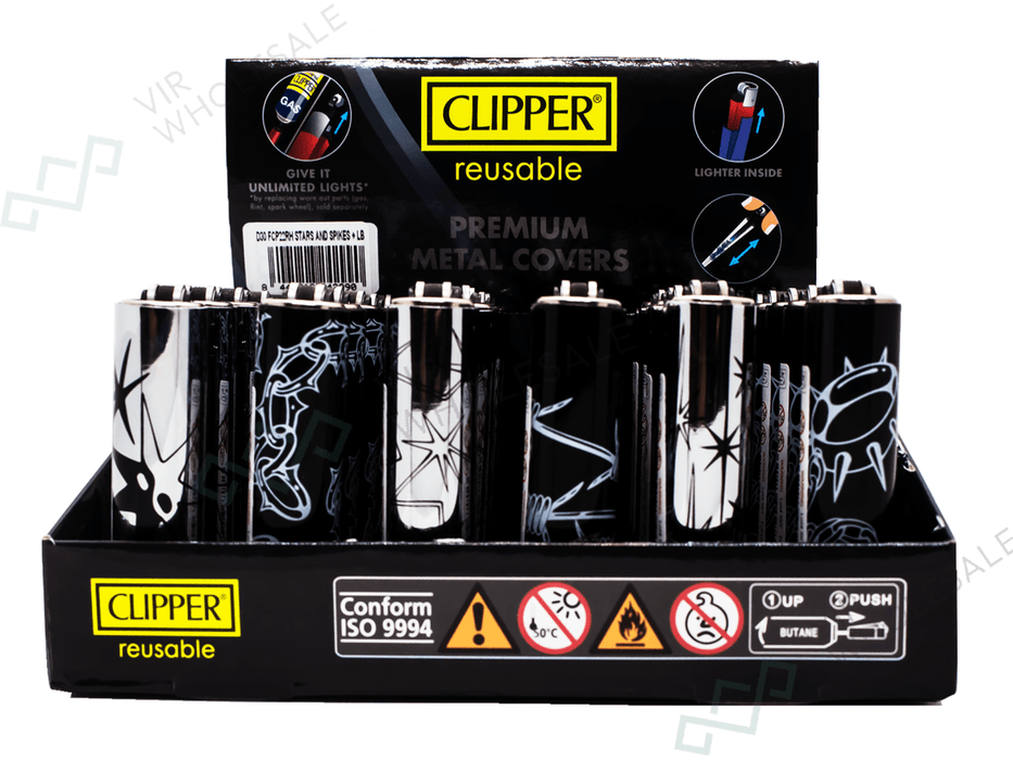 Metal Cover 30 x Clipper Reusable Lighter – Assorted Designs - VIR Wholesale