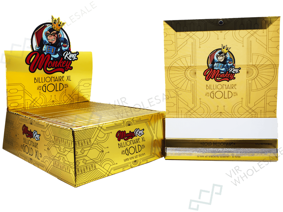 Monkey King Billionaire Gold XL Rolling Papers & Tips with Portable Tray - VIR Wholesale