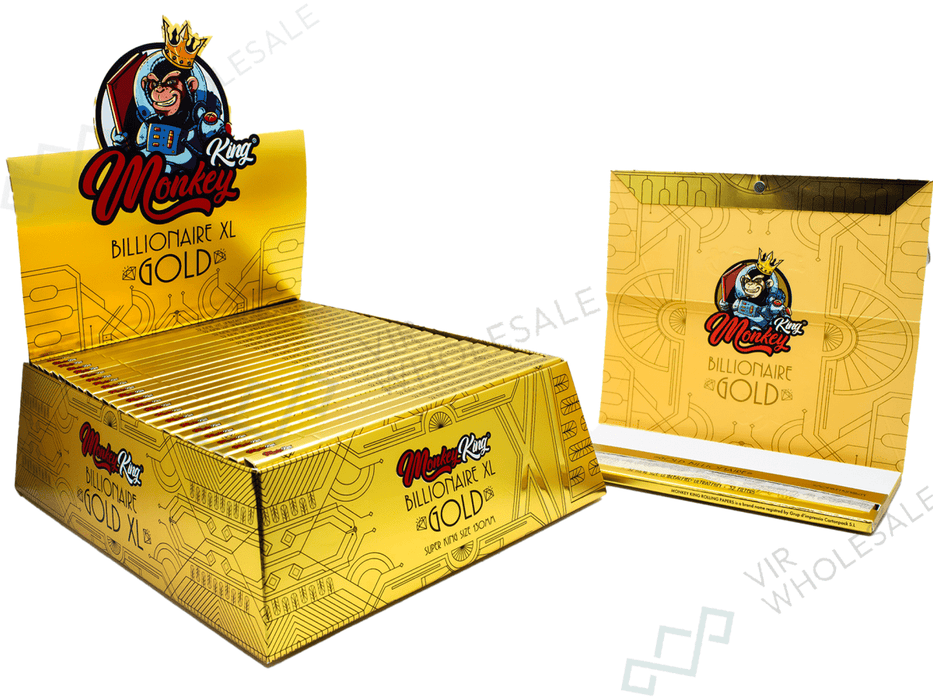 Monkey King Billionaire Gold XL Rolling Papers & Tips with Portable Tray - VIR Wholesale