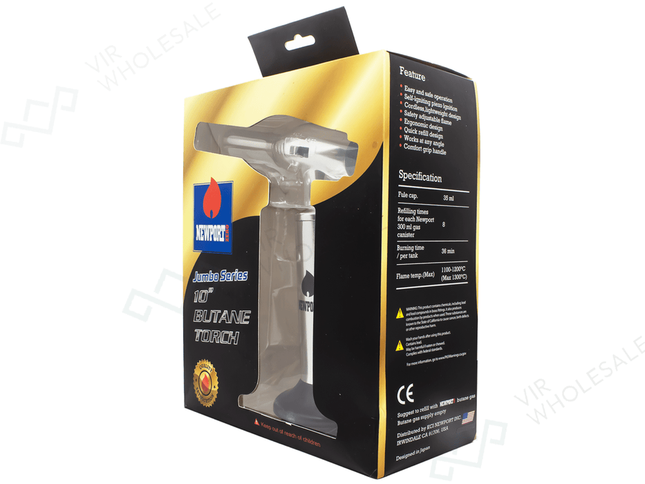 Newport Zero 10" Jumbo Refillable Kitchen Butane Torch – 2,500°F Professional Culinary Blow Torch with Adjustable Flame & Safety Lock - VIR Wholesale