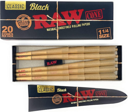 RAW Black 1 1/4 Size Pre - Rolled Cones - 20 Pack - VIR Wholesale