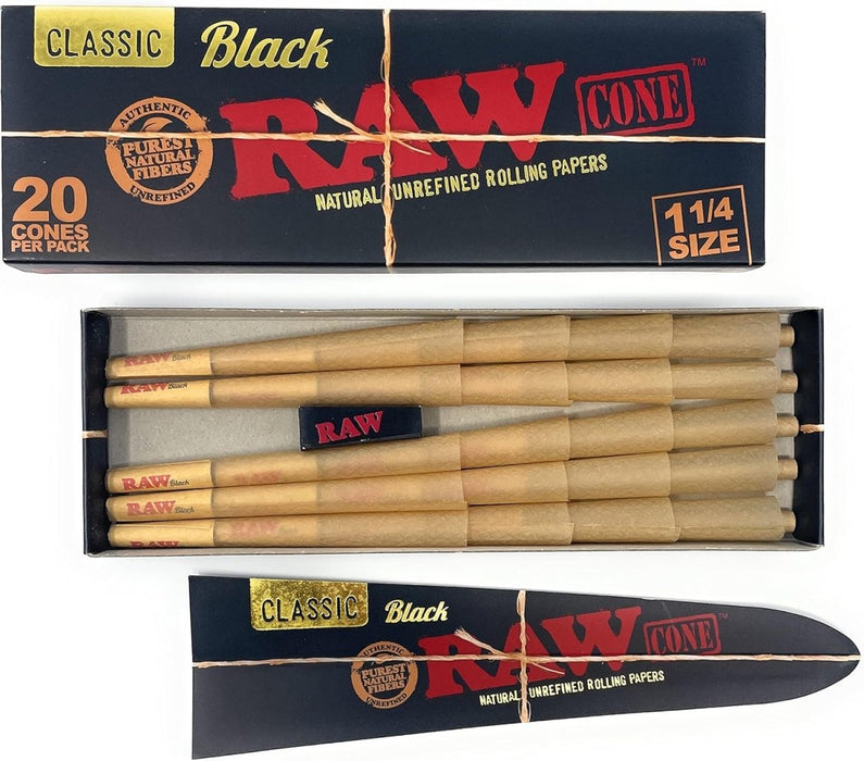 RAW Black 1 1/4 Size Pre - Rolled Cones - 20 Pack - VIR Wholesale