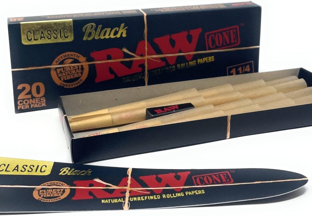 RAW Black 1 1/4 Size Pre - Rolled Cones - 20 Pack - VIR Wholesale