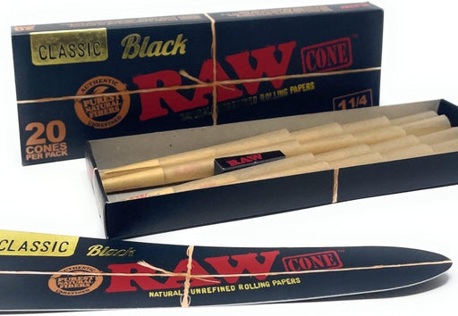 RAW Black 1 1/4 Size Pre - Rolled Cones - 20 Pack - VIR Wholesale