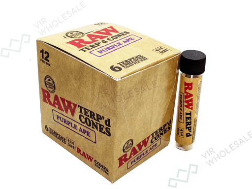 RAW Flavoured Cones 1¼ in Glass Tube – 6 Cones Per Tube – 12 Tubes Per Box – Purple Ape - VIR Wholesale