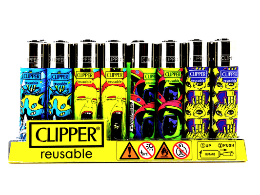 CLIPPER Lighters Printed 48's Various Designs - Trippy Faces - VIR Wholesale