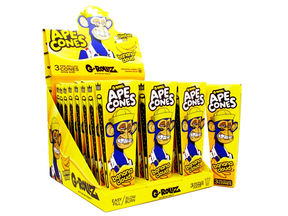 G- Rollz Ape Cones - 24 Per Box - 3 Cones Per Pack - Pop Activated Flavoured Filter - Banana Cloud - VIR Wholesale
