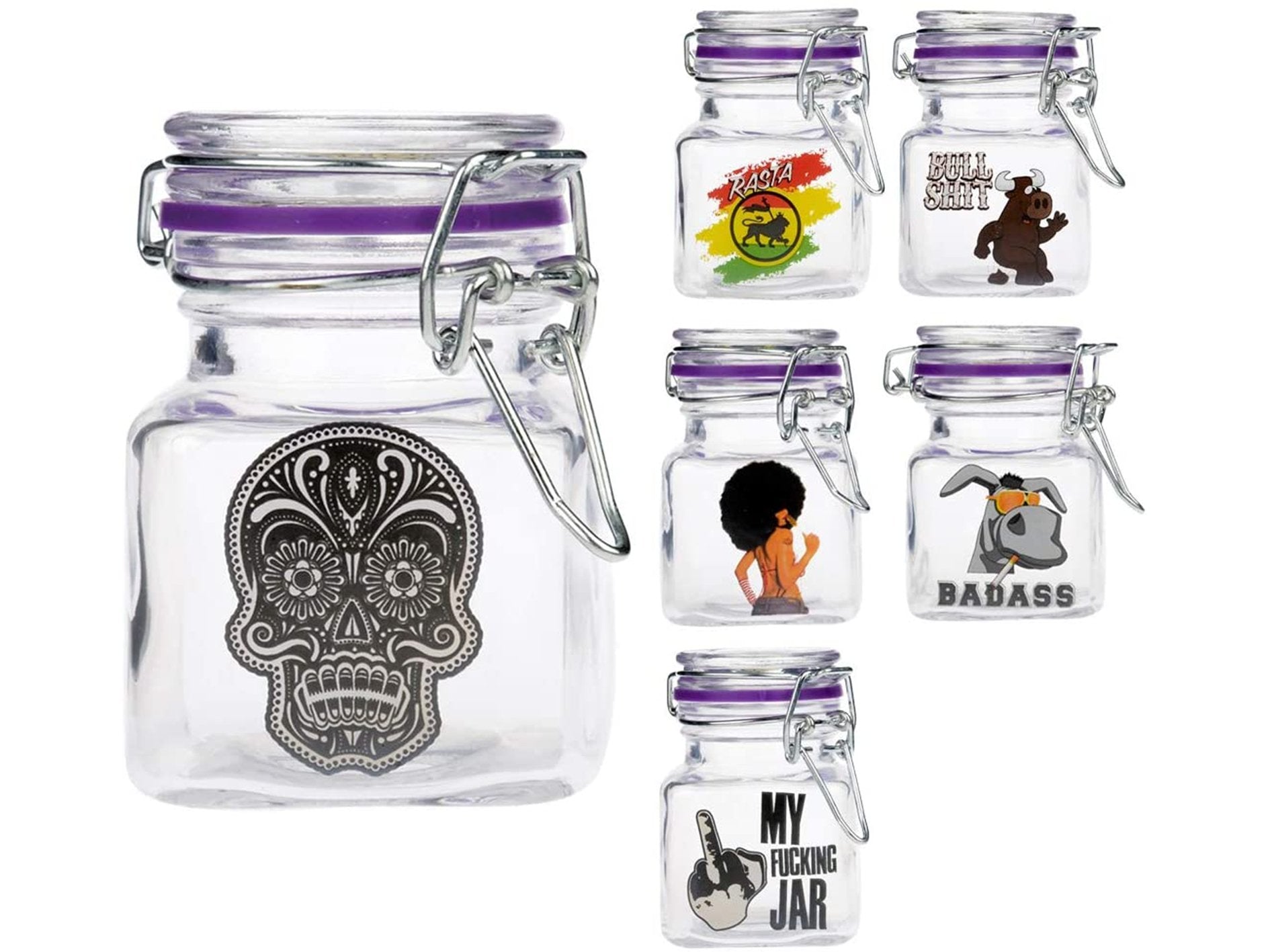 JUICY JAYS Jars Small Size Clear Transparent Colour Set Of 6 Jars In 6 Different Designs - VIR Wholesale