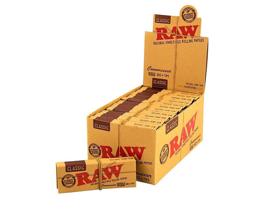 RAW Classic Connoisseur Single Wide Standard Size Rolling Papers With Tips - VIR Wholesale